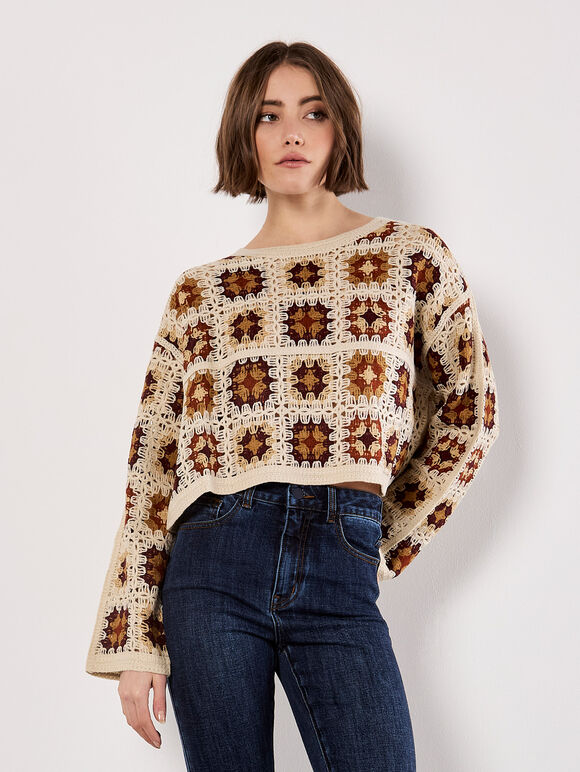 Crochet Squares Cropped Jumper, Burgundy, large