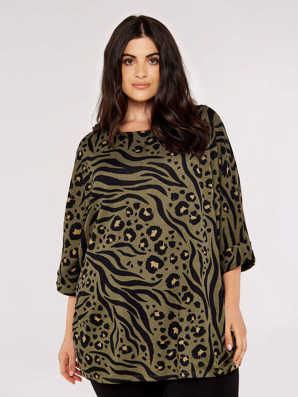 Curve Animal Print Batwing Top, Khaki, large