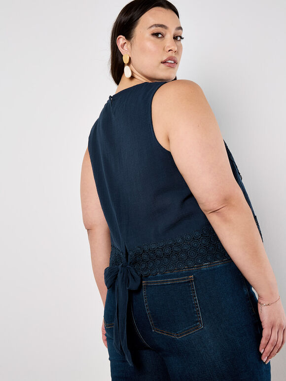 Cotton Lace Bow Top, Navy, large
