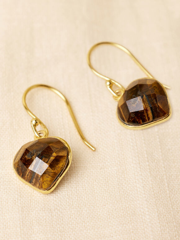 Gold Tone Heart Stone Hook Earrings, Brown, large