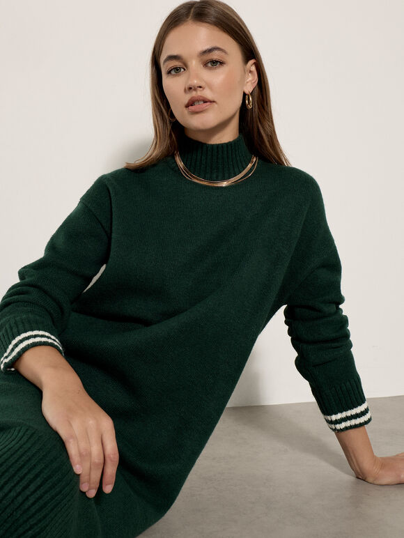 Tipped Knitted Jumper Midi Dress, Green, large
