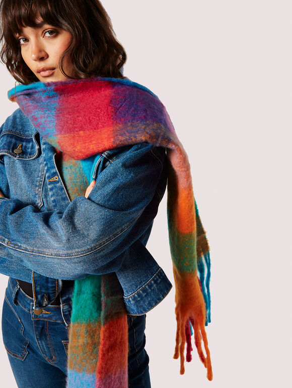 Colour Block Check Square Scarf, Blue, large