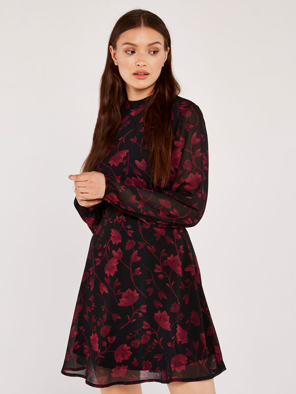 Silhouette Branches Chiffon Dress, Black, large