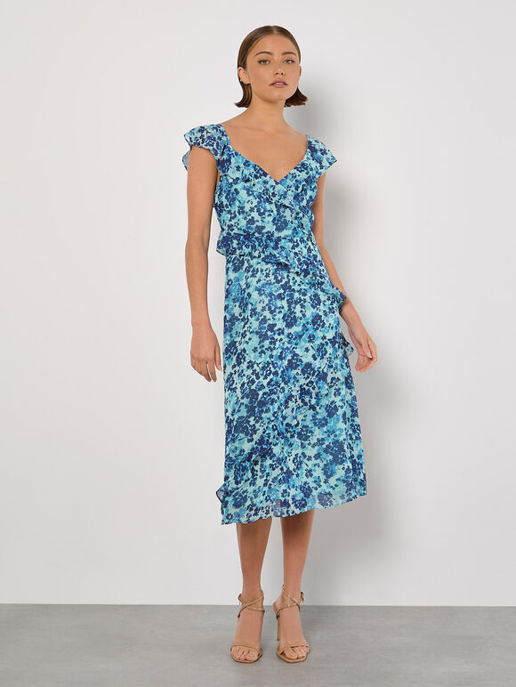 Floral Asymmetric Ruffle Midaxi Dress, Aqua - Turquoise, large