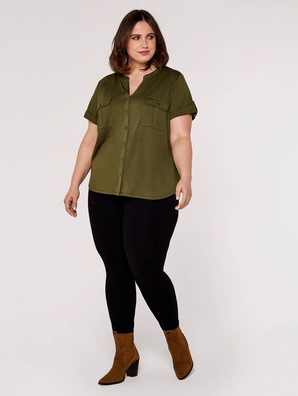 Curve Military V-Neck Top, Khaki, large