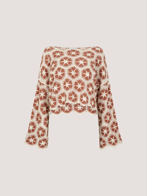 Crochet Hexagons Bell Sleeve Top, Coral, large