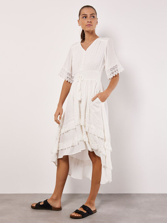 Dobby Ruffle Tiered Midi Dress, Cream, large