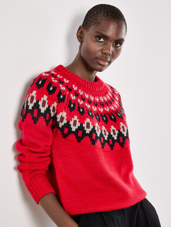Fair Isle Chunky Knit Jumper, Red, large