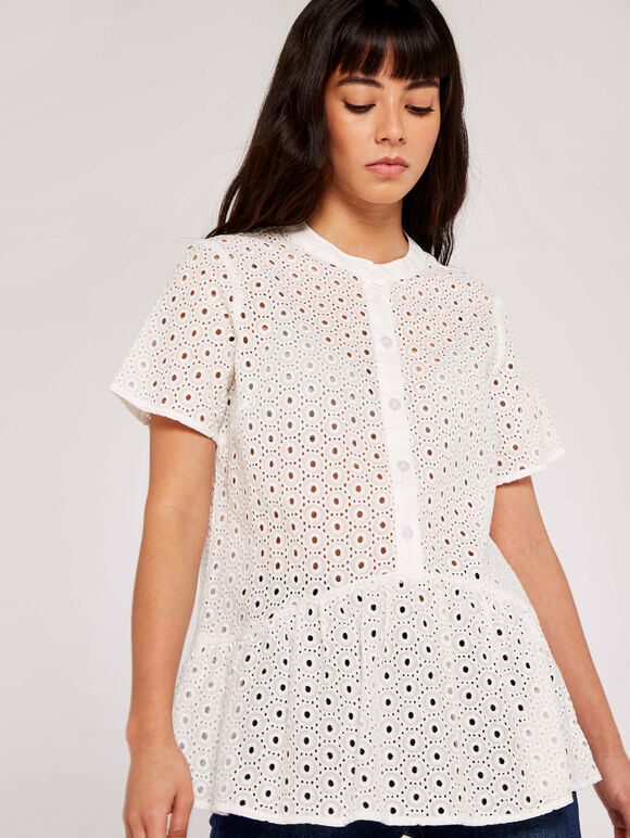 Broderie Peplum Top, Cream, large
