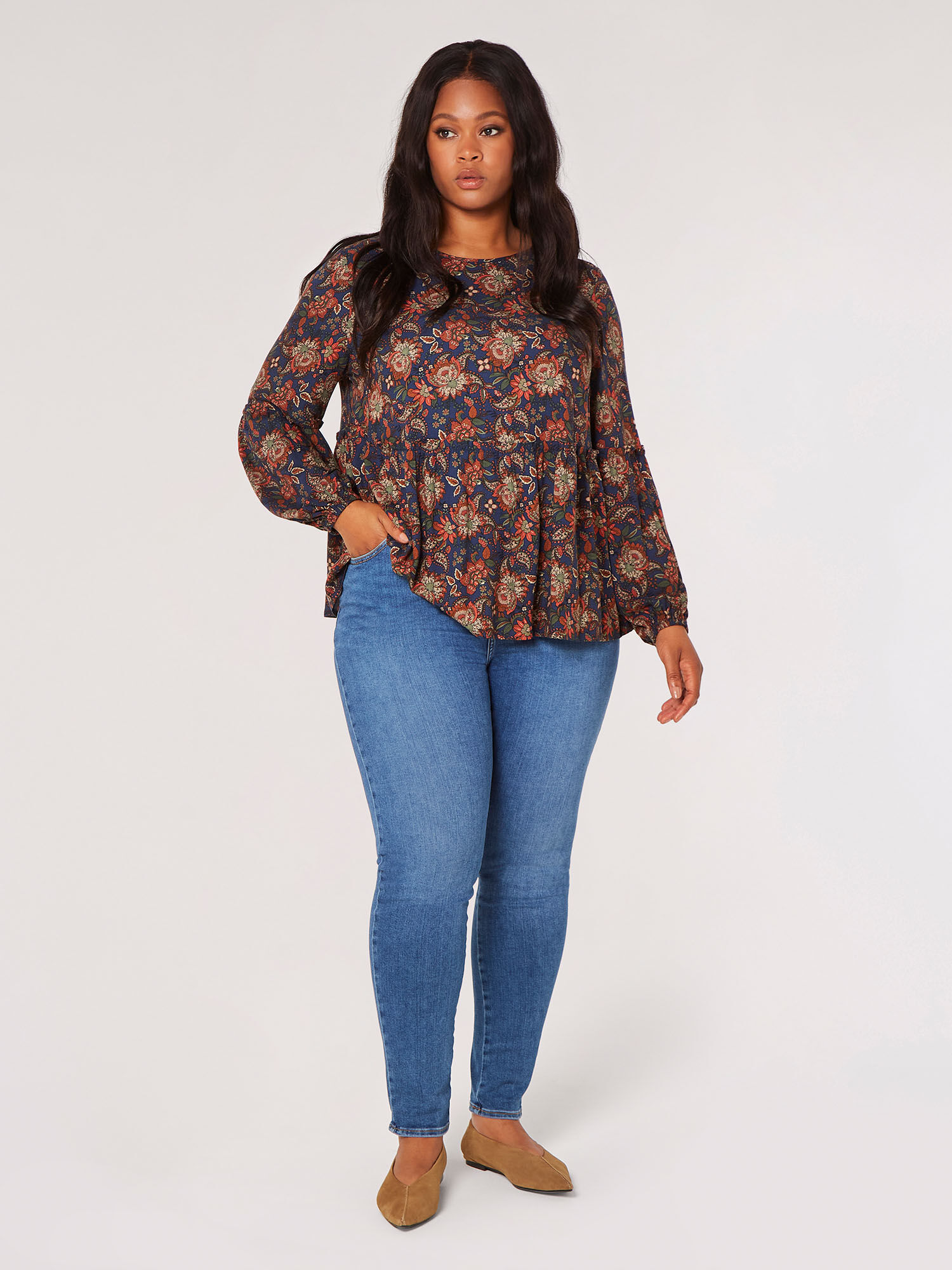 Curve Sarasa Floral Ruffle Top Apricot Clothing