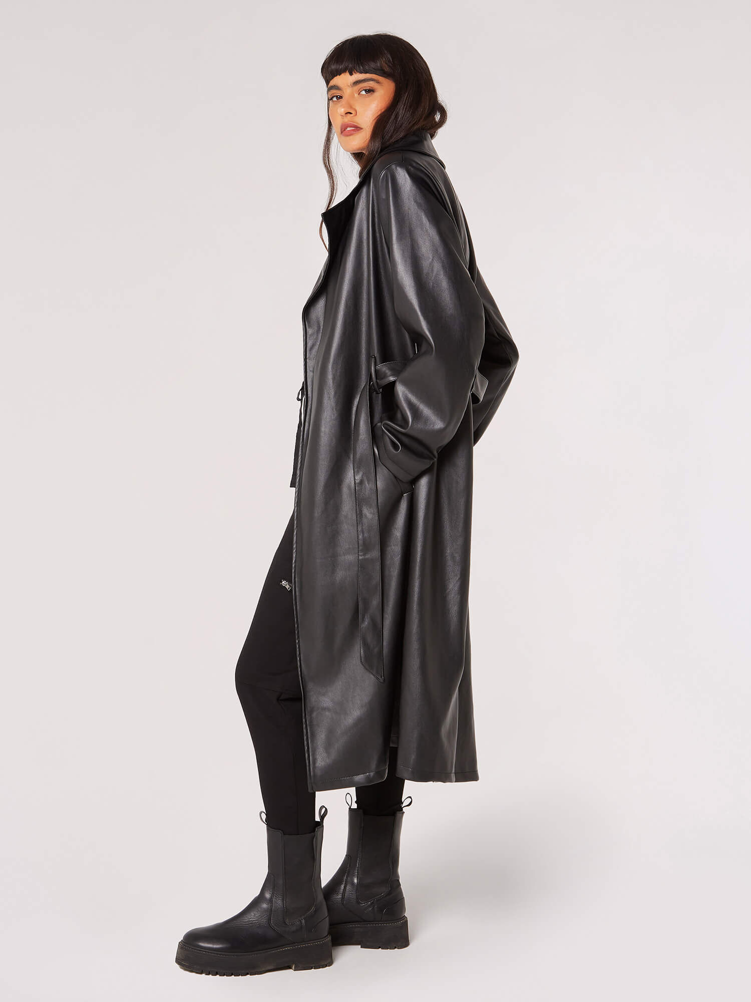 Leather Look Trench Coat Apricot Clothing