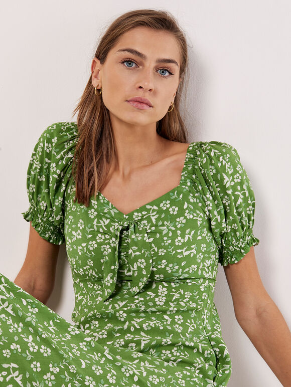 Sarasa Robe mi-longue à nœud floral, Vert, L