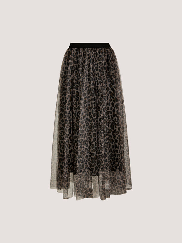 Leopard Tulle Skirt, Brown, large