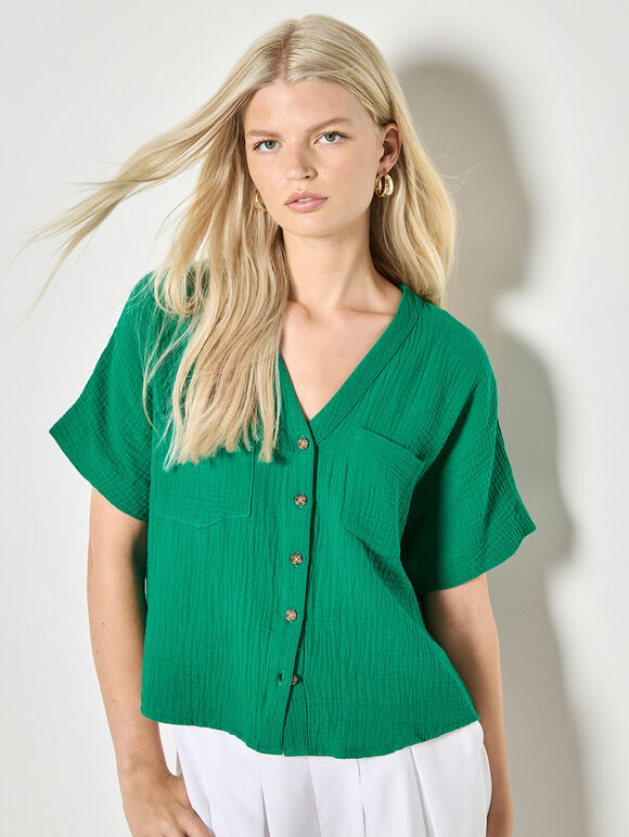 Textured V-Neck Blouse, Green, large