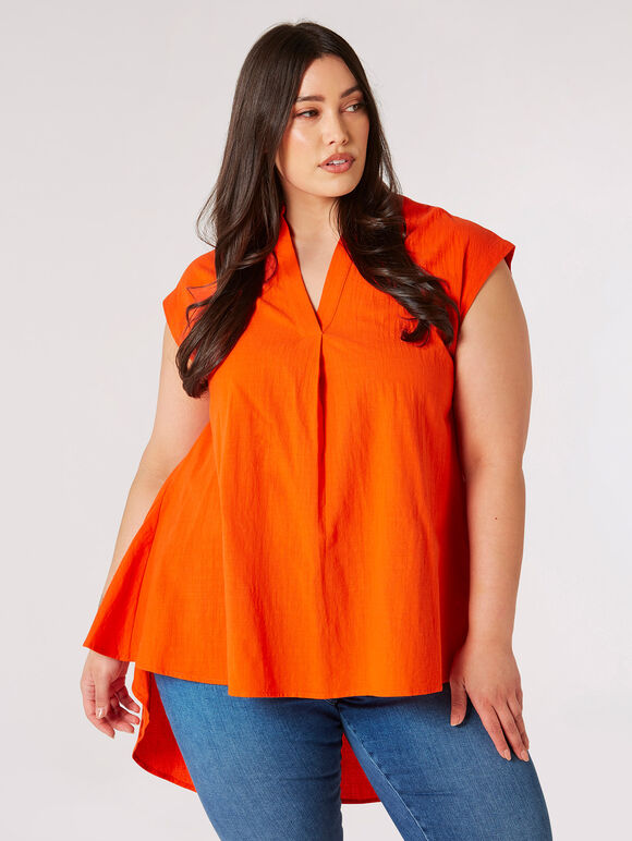 Curve-Top aus strukturierter Baumwolle mit hohem und niedrigem Saum, Orange, Größe L