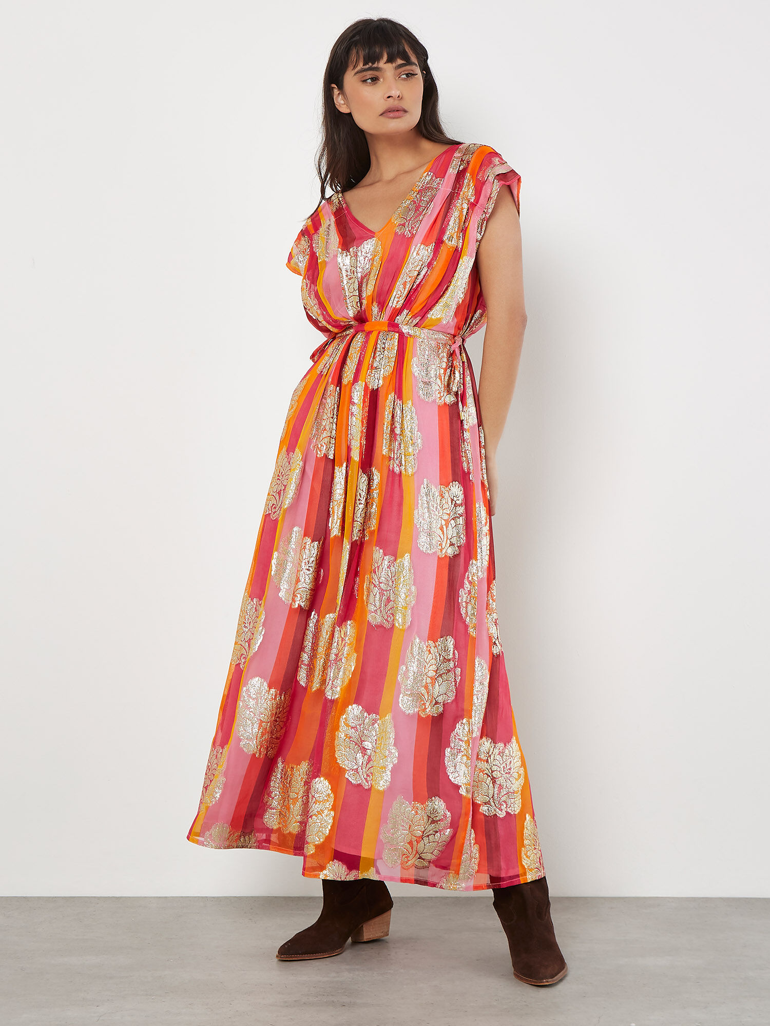 Metallic Leaf Stripe Kimono Maxi Dress Apricot Clothing