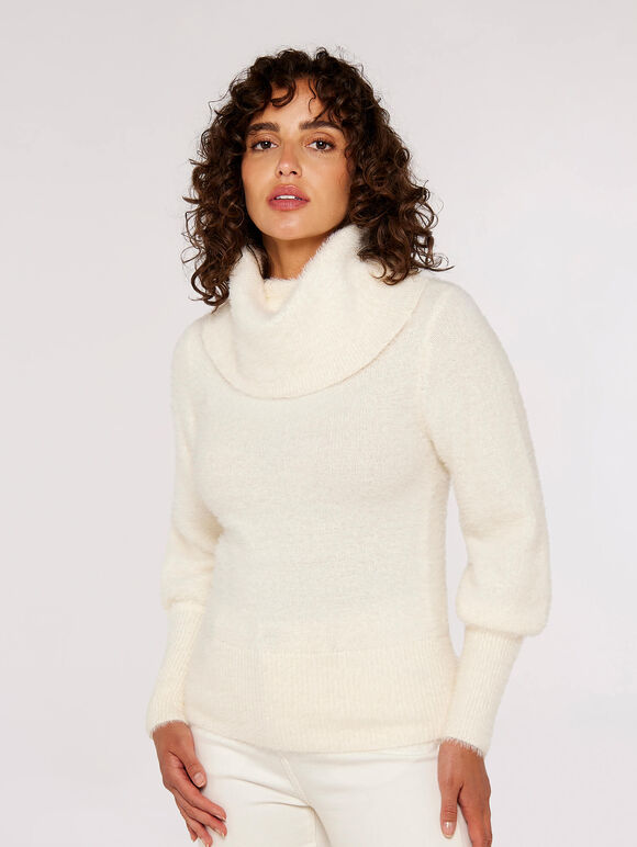 Fluffy Roll Neck Jumper, White, large