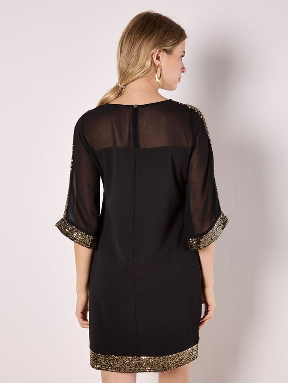 Kimono Sleeve Sequin Dress, Black, large