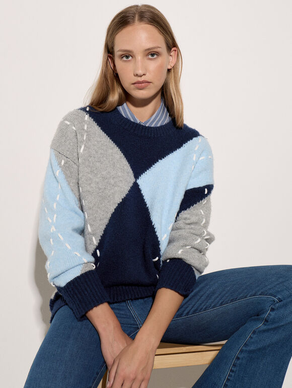 Argyle Diamond Colour Block Jumper, Navy, large
