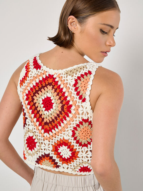 Diamond Crochet Crop Vest Top, Red, large