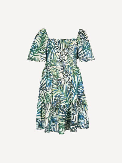 Palm Print Smocked Broderie Mini Dress