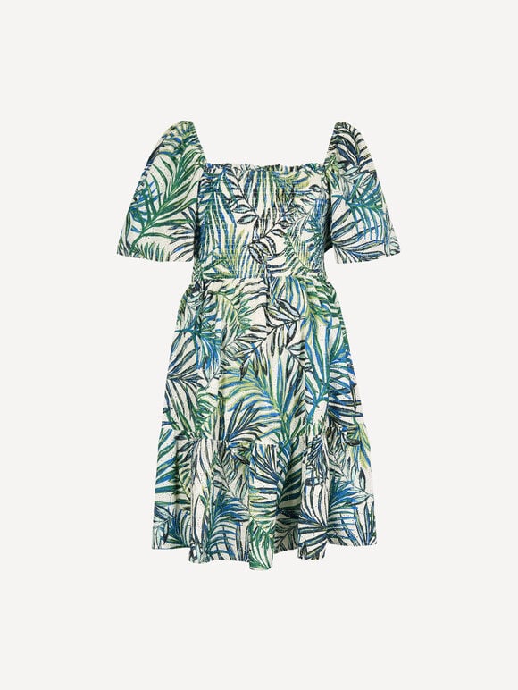 Palm Print Smocked Broderie Mini Dress, White, large