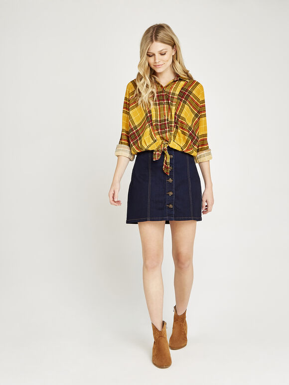 Yellow Plaid Knot Front Shirt, Mustard, large