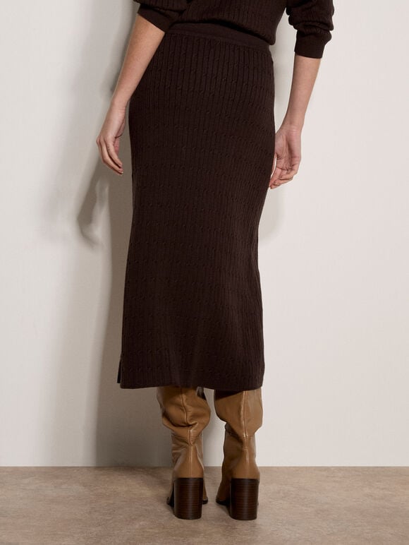 Fine Knit Cable Midi Skirt, Brown, large