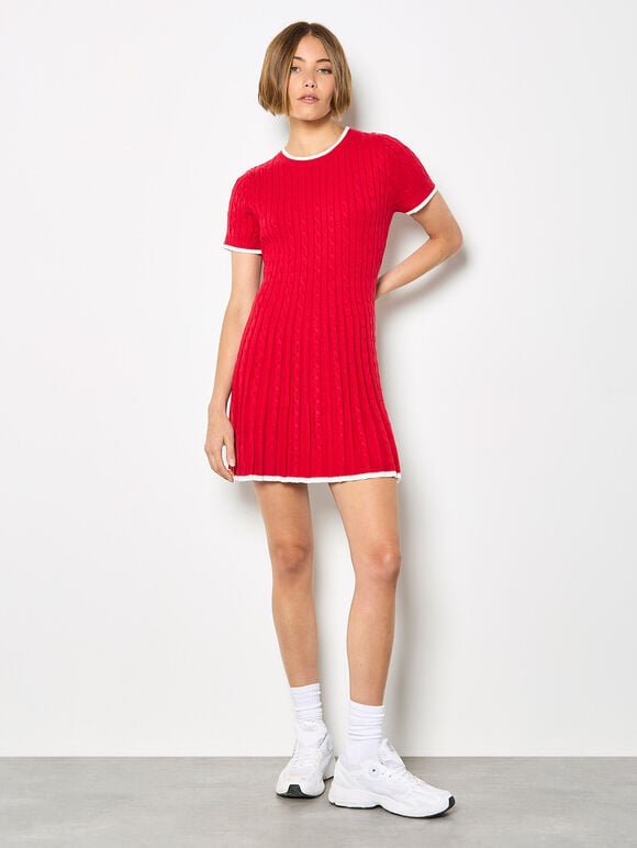 Cable Knit Skater Mini Dress, Red, large