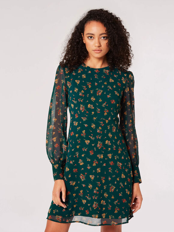 Ditsy Floral Chiffon Mini Dress, Green, large