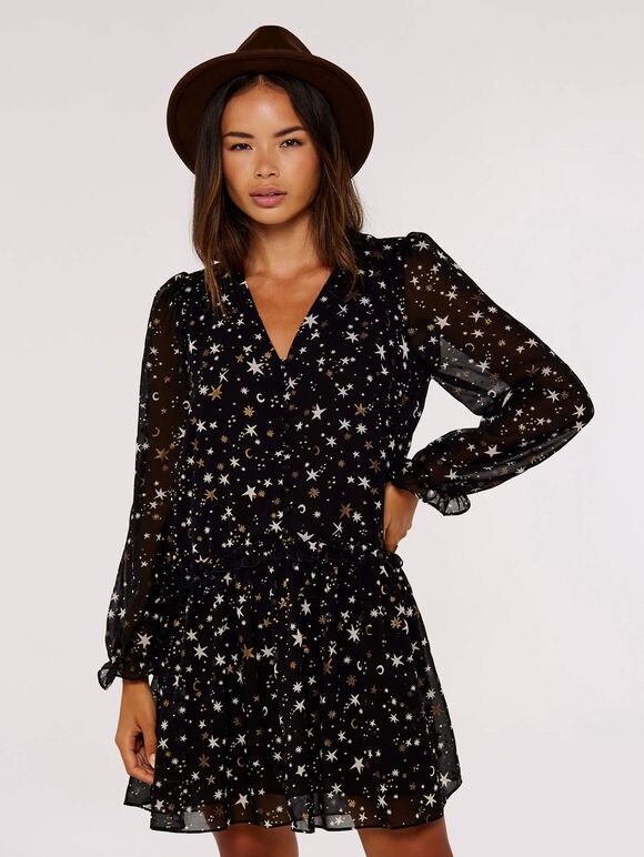 Foil Star  Smock Dress, Black, large