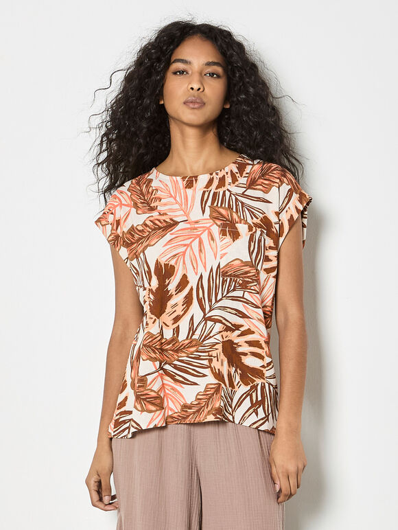 Tropical Leaf Woven T-Shirt, Brown, large