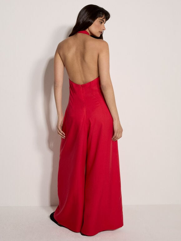 Halter Neck Wide-Leg Jumpsuit, Red, large