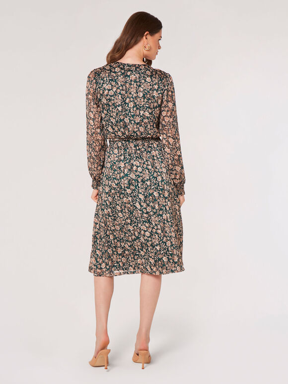 Floral Satin Sparkle Midi Dress, Green, large