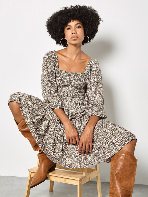 Ditsy Floral Smocked Midi Dress, Khaki, large