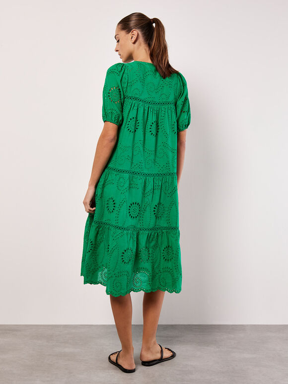 Cotton Broderie Tiered Midi Dress, Green, large