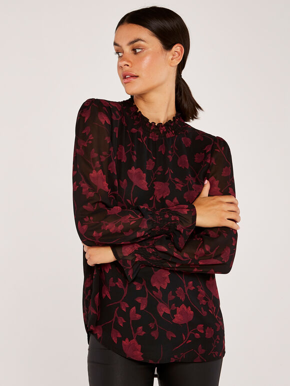 Silhouette Branches Chiffon Top, Black, large