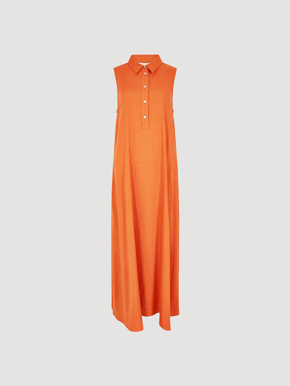 Linen Blend Shirt Maxi Dress, Orange, large