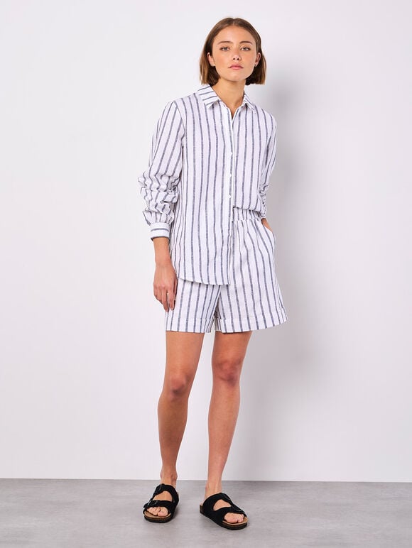 Striped Linen Shirt, Navy, large