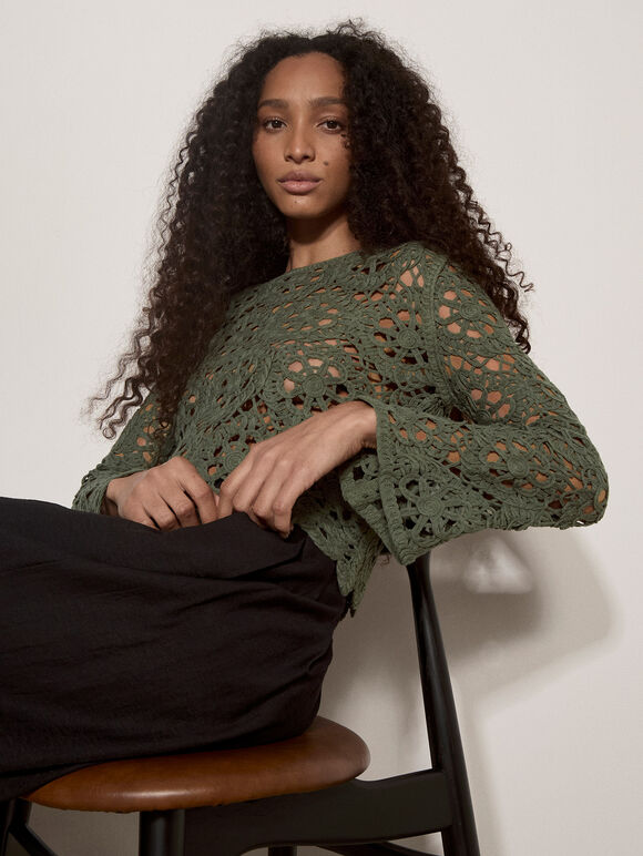 Boho Floral Cotton Crochet Top, Khaki, large