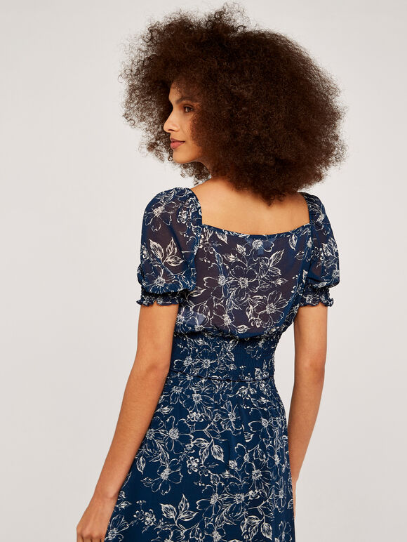 Floral Puff Sleeve Top, Navy, large