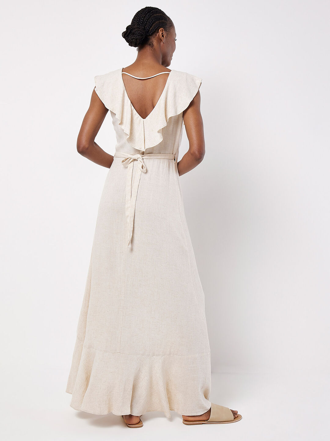 Ruffle Wrap Linen Blend Midi Dress Apricot Clothing