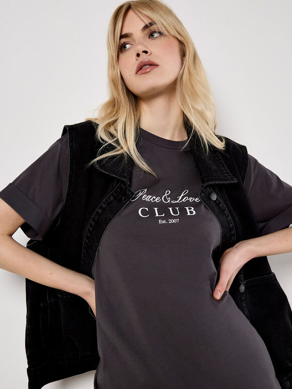 Peace And Love Club T-Shirt, Dark Grey - Charcoal, large