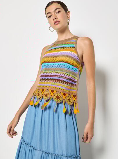 Colourful Stripe Tassel Crochet Top