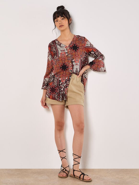 Patchwork Scarf Print Blouse, Orange, large