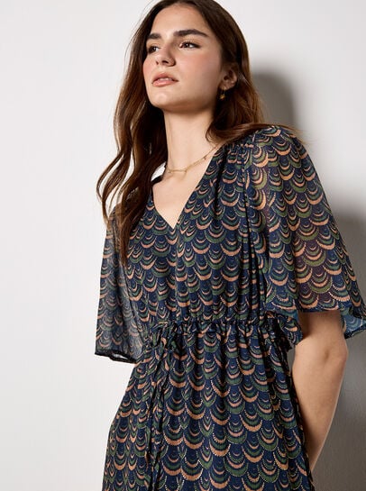 Gold foil Scallop Chiffon Maxi Dress