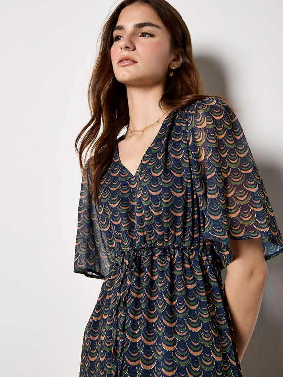 Gold foil Scallop Chiffon Maxi Dress, Navy, large