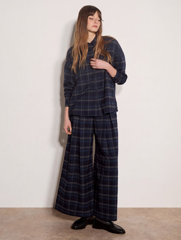 Oversized Check Print Shirt, Navy, large