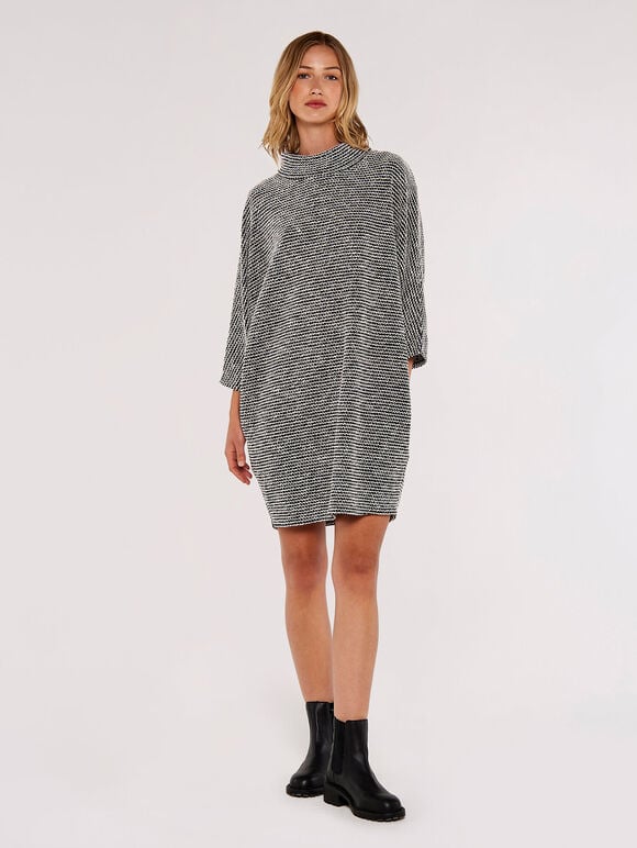 Boucle Jersey Mini Cocoon Dress, Black, large