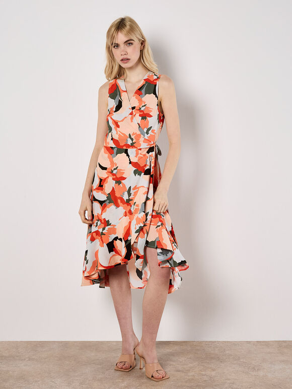 Graphic Floral Wrap Midi Dress, Khaki, large